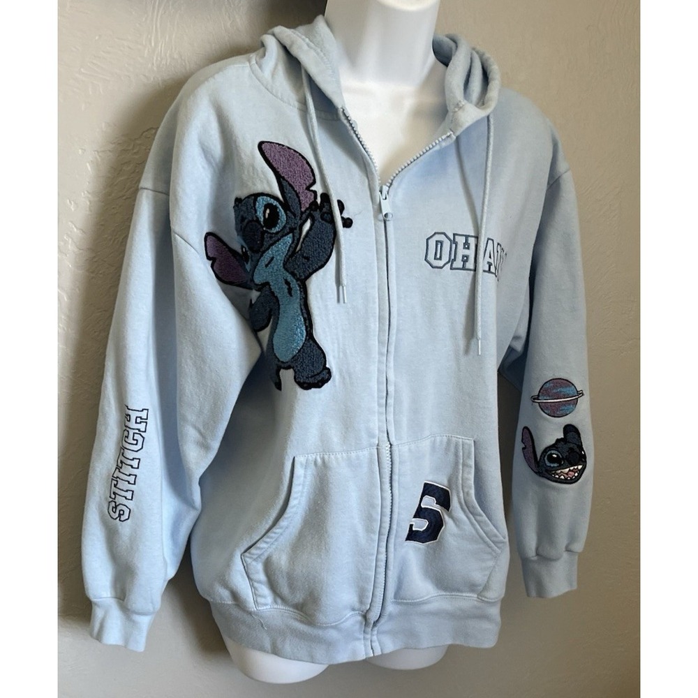 STITCH Disney Ohana Lilo & Stitch Light Blue Hooded Full Zip Jacket‎ Size Large